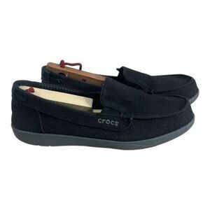 Crocs Women Walu Black Slip On Canvas Comfort Loafers Size 8 Boat Shoes 14391